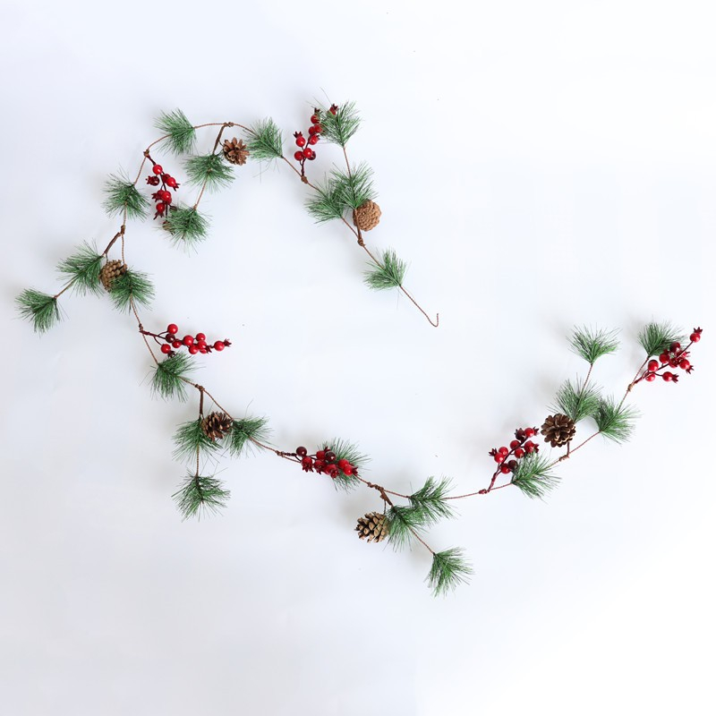 (180cm) Christmas Deko Kunstblumen Weihnachts Tannenzweige   Tannenzapfen Girlande - Grün / Rot