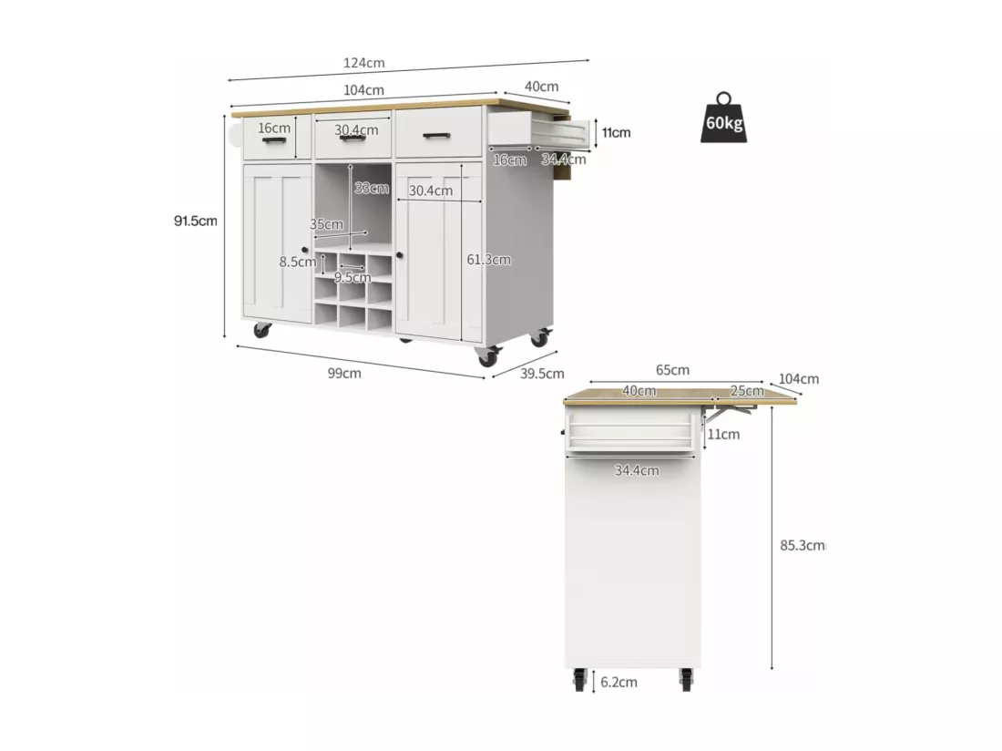 Ilot central de cuisine mobile avec 2 portes, 3 tiroirs et casier à vin 9 bouteuills - Plateau extensible - 124x40/65x91.5 cm - MDF - Blanc
