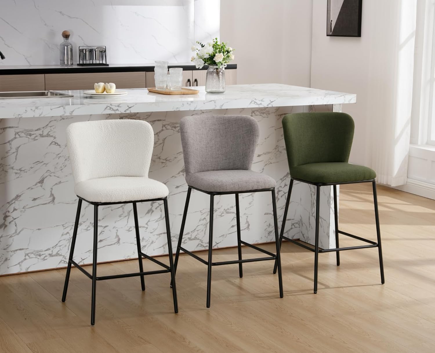 chairus Frühstück Barhocker 2er Set Thekenhocker für Esszimmer Armlose Leinen Küchenhocker Barstühle mit Rückenlehne Wohnzimmer (Grün)
