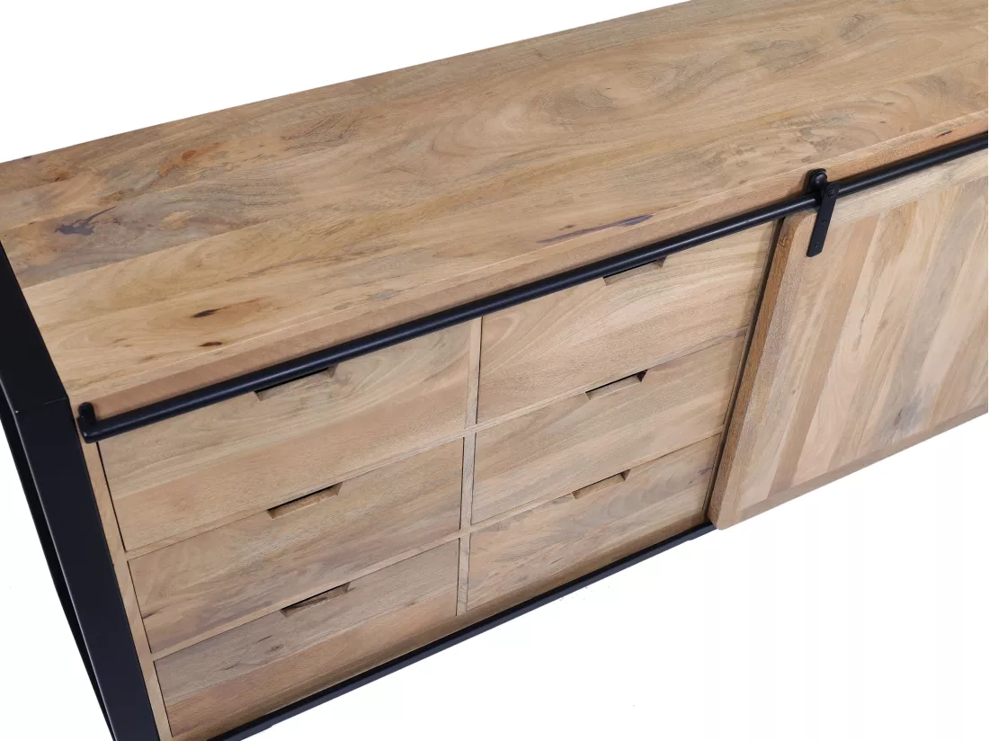 Buffet avec 1 porte et 6 tiroirs en bois de manguier et métal - Naturel et noir - HARLEM II