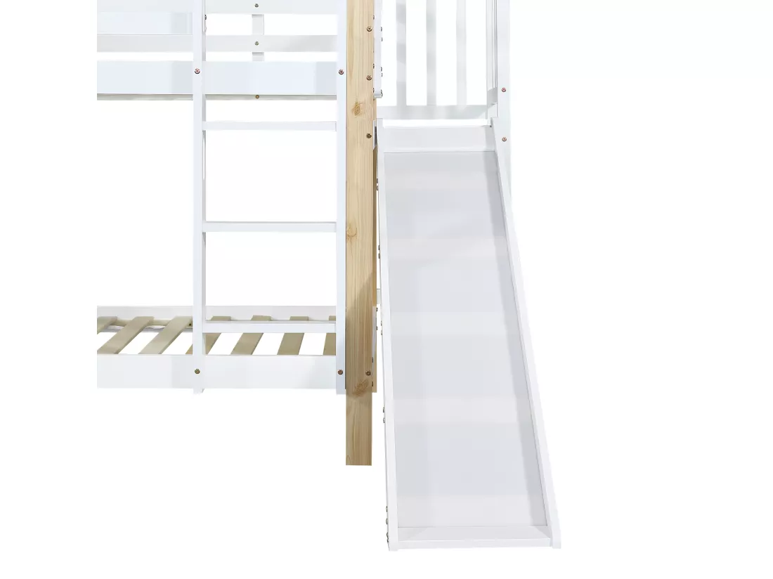 Lit superposé avec toboggan et échelle - cadre en bois massif - 90x200 cm - Blanc