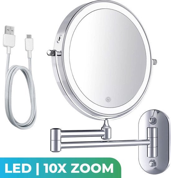 Mirlux make-upspiegel met ledverlichting, cosmetische spiegel 10x vergroting, ronde chromen wandspiegel