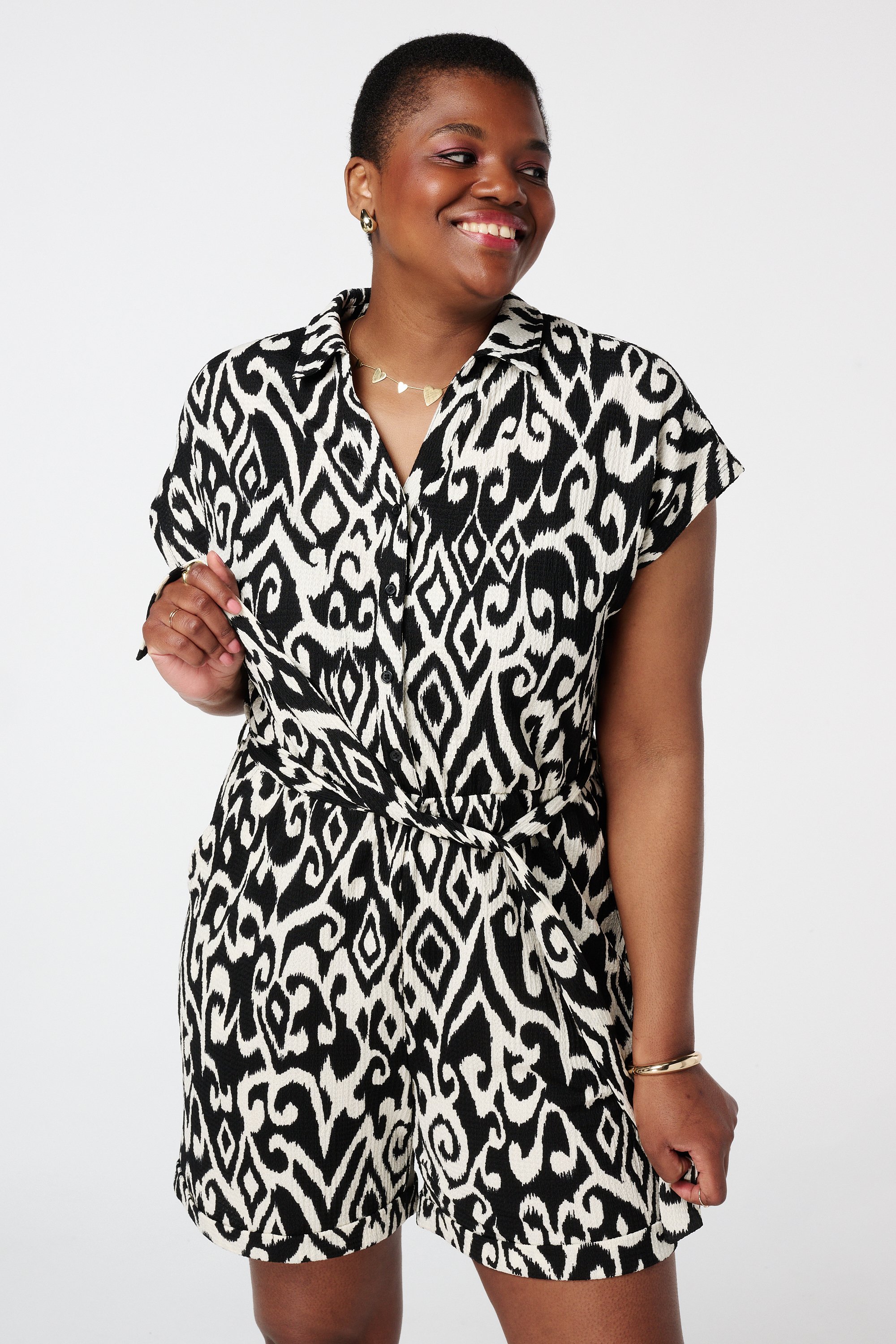Playsuit met strikceintuur Multi Grijs-Zwart