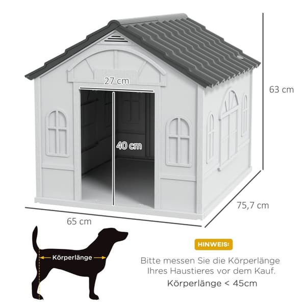 Hundehus, hundehus med sadeltak, værbestandig smådyrhus for mellomstore hunder under 20 kg, utendørs hundehus, 65 x 75,7 x 63 cm, grå