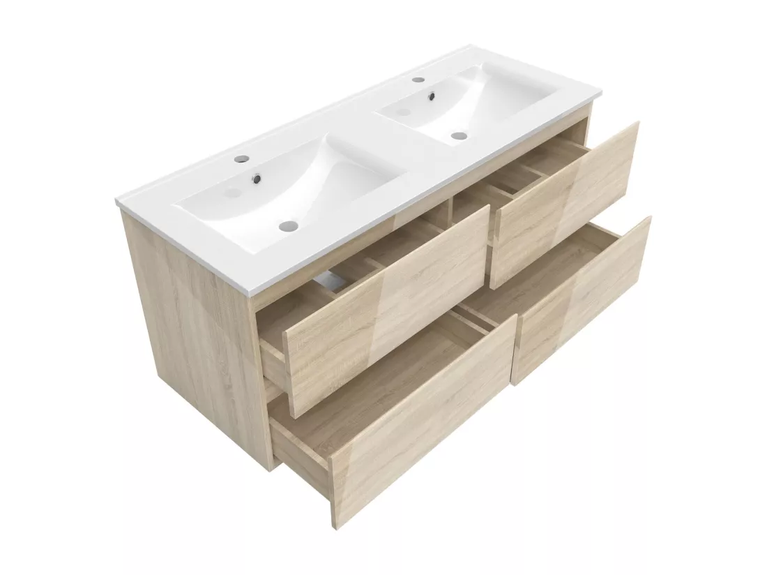 AICA Ensemble Meuble salle de bain chêne 120cm avec double vasque en céramique,meuble 4 tiroirs