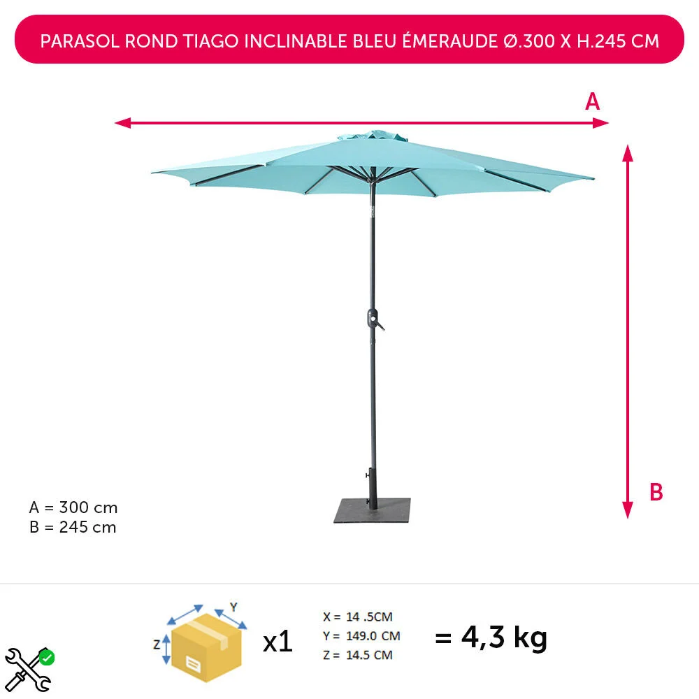 Parasol rond Tiago inclinable bleu émeraude Ø.300 x H.245 cm