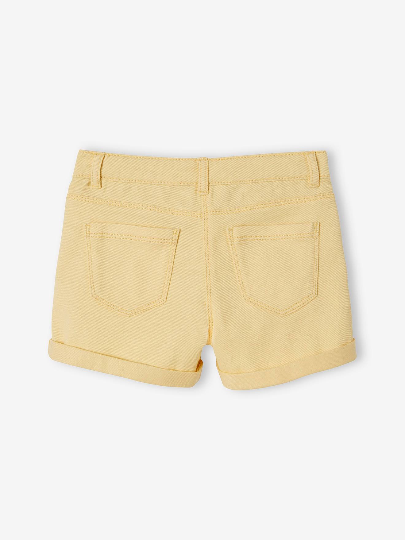 Calções lisos de tecido amarelo claro para meninas