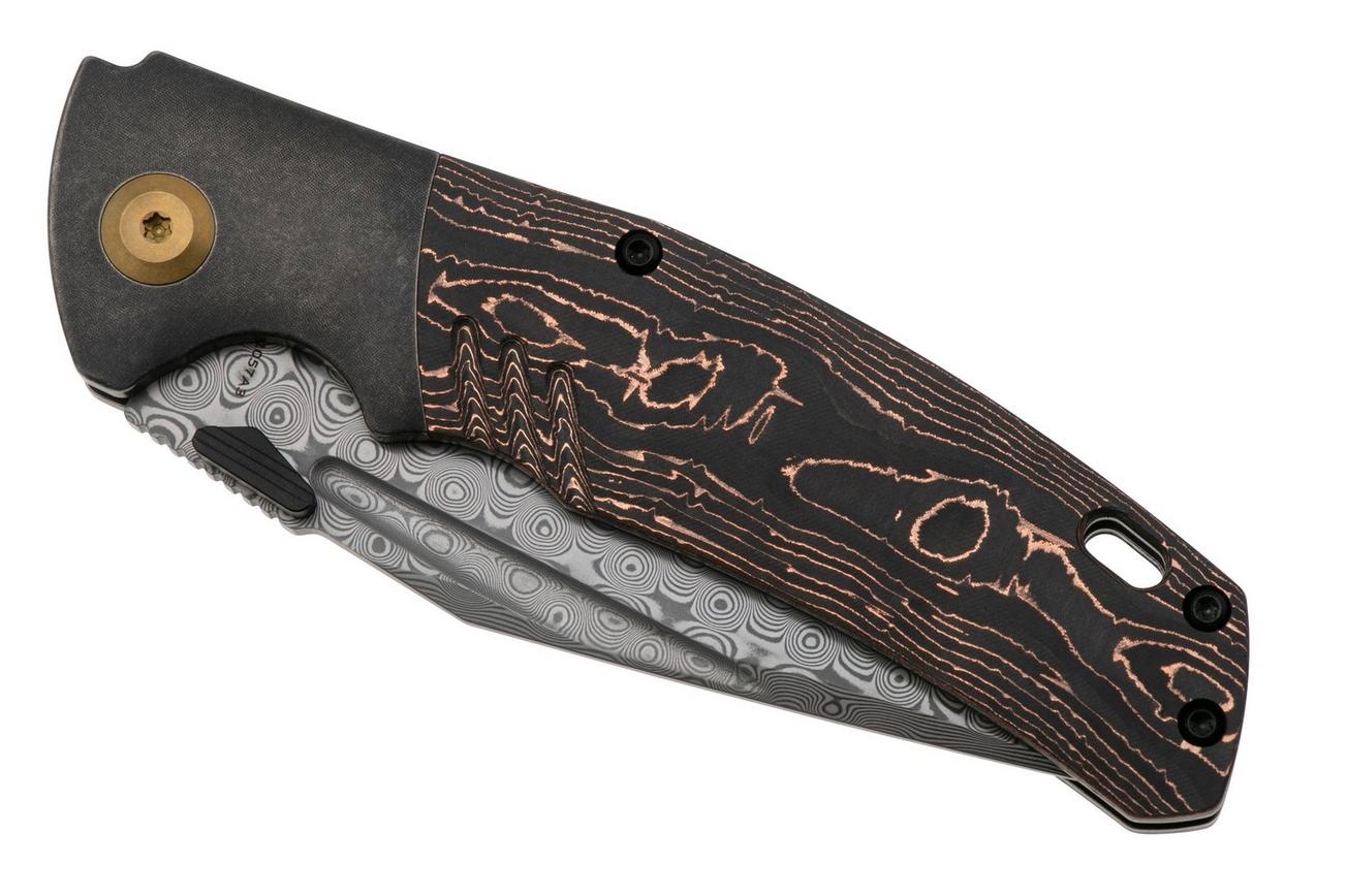 Kansept Hinterland K1057A3 Damascus, Blackwashed Titanium, Copper Carbon Fiber, zakmes, Morgan Koens design