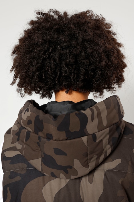 Long-Steppweste, Straight Fit, Camouflage, Kapuze, Zipper, Seitenschlitze