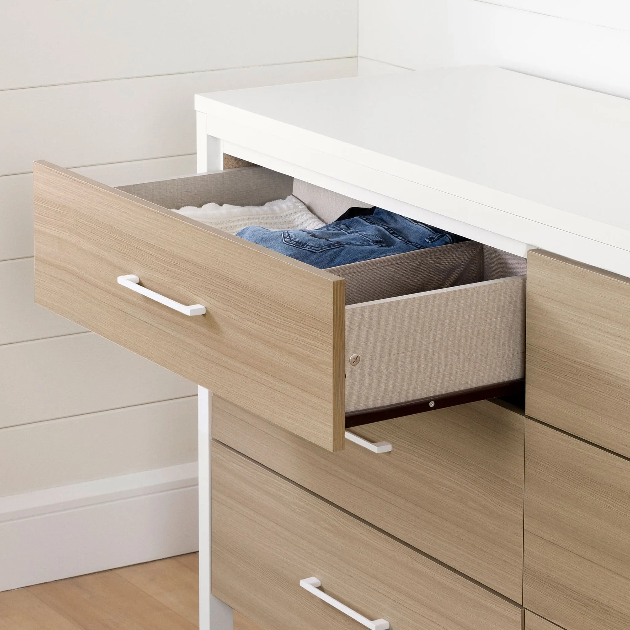 South Shore Bureau double 6 Tiroirs - Munich Blanc et Orme Naturel