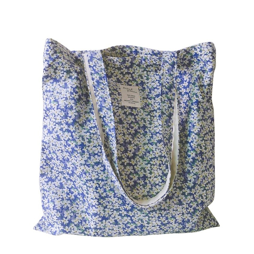 (35x37cm) Baumwoll Tote Bag Boho Stoff Tragetasche im Blumen Look - Blau