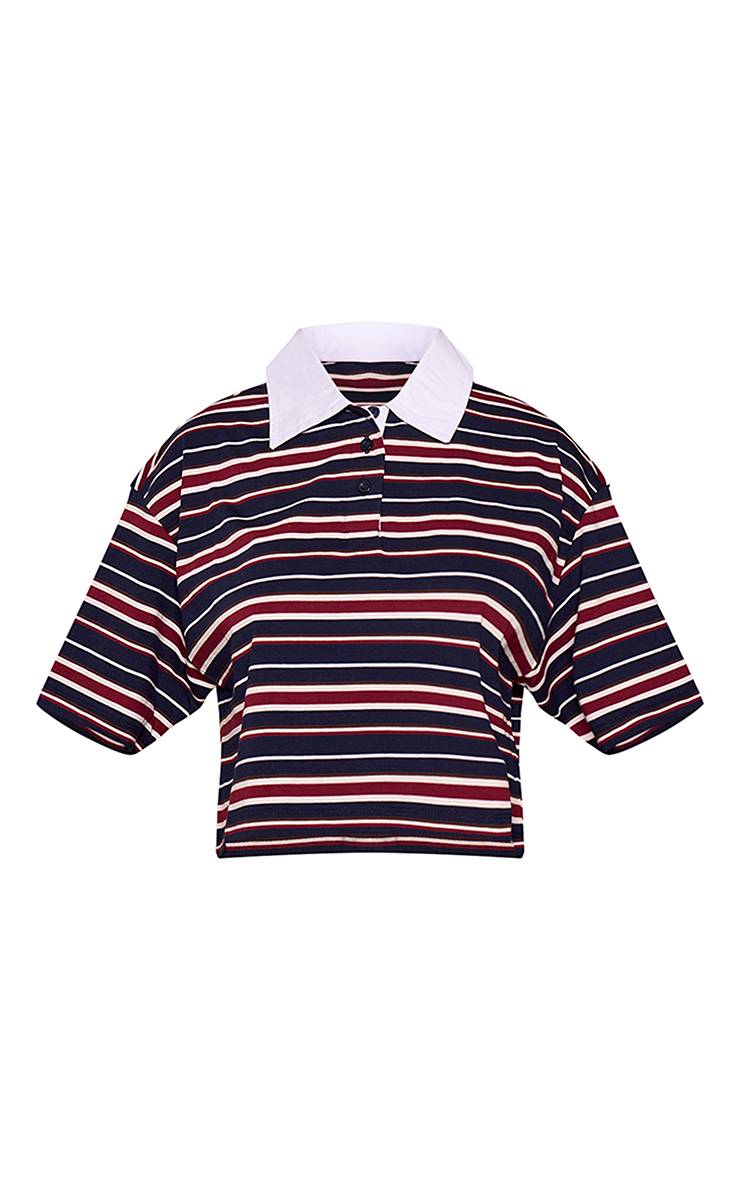 Bleu Marine T-shirt Rayé Court À Col Avec Détails Et Manches Courtes