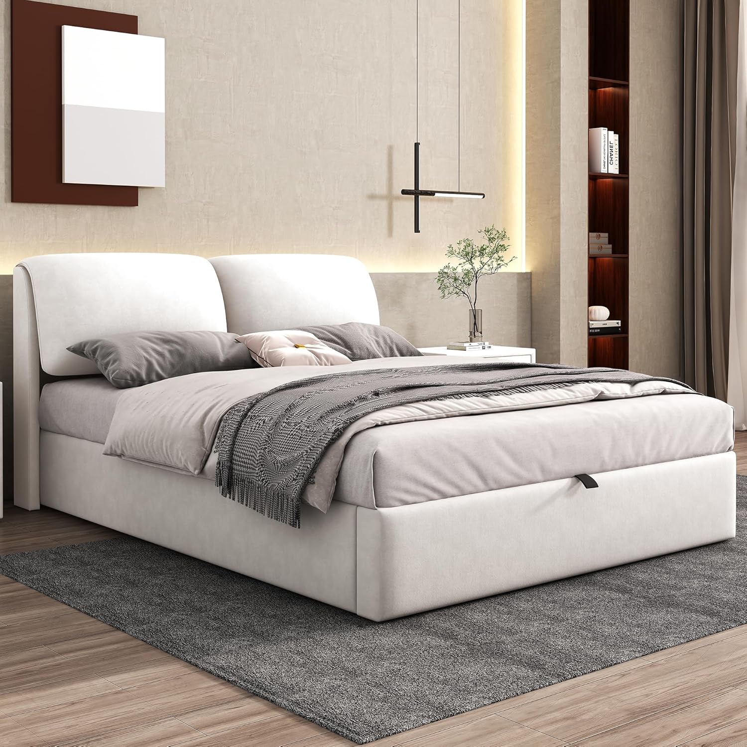 Polsterbett Doppelbett 140x200 cm mit 3 Stauraum Schubladen, Bett mit Stauraum und Kopfteil, Stauraumbett mit Hydraulische Metallrahmen und Lattenrost aus Holz, Samt, Beige, Ohne Matratze