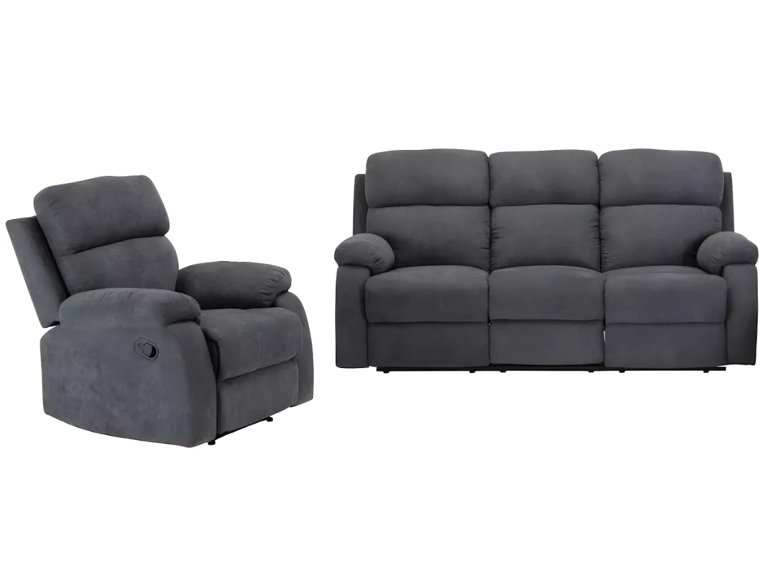 Canapé 3 places et un fauteuil relax en tissu TOLZANO - Anthracite