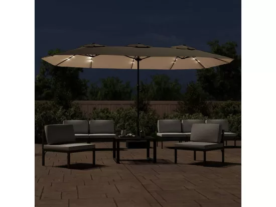 Parasol à double tête avec LED taupe 449x245 cm
