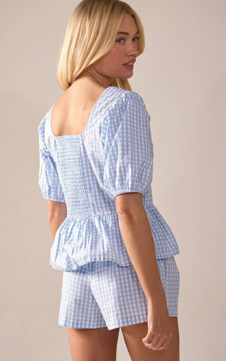 Bleu Ensemble Coordonné Chemisier Vichy En Coton À Manches Bouffantes Boutonné