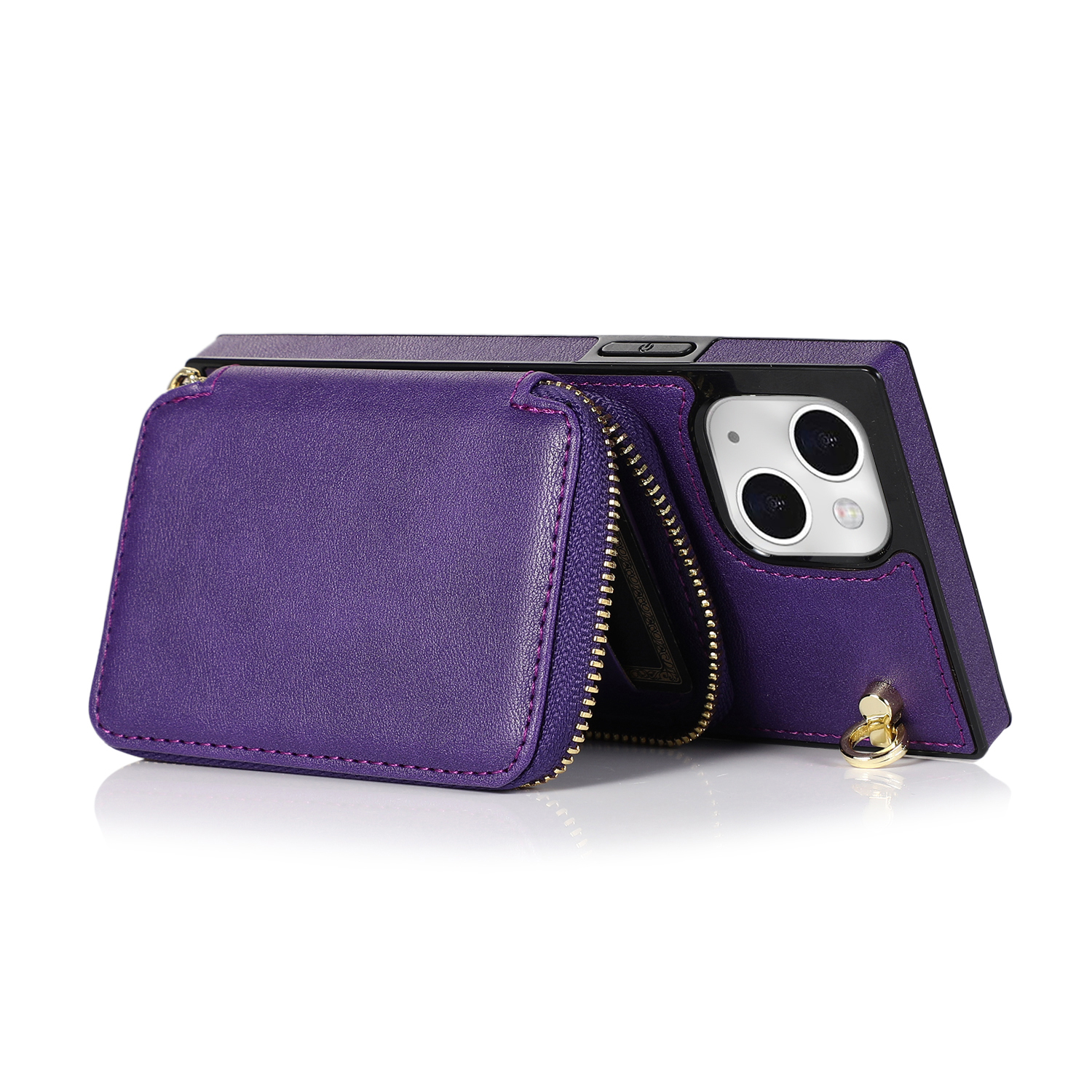 iPhone 13 Necklace Leder Schutz Hülle mit Kartenfächer   Handykette (140cm) - Violett