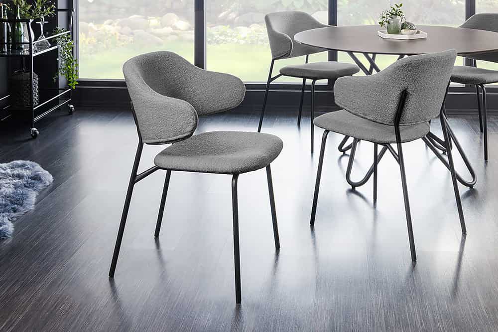Design Stuhl VOGUE grau Bouclé schwarze Metallbeine