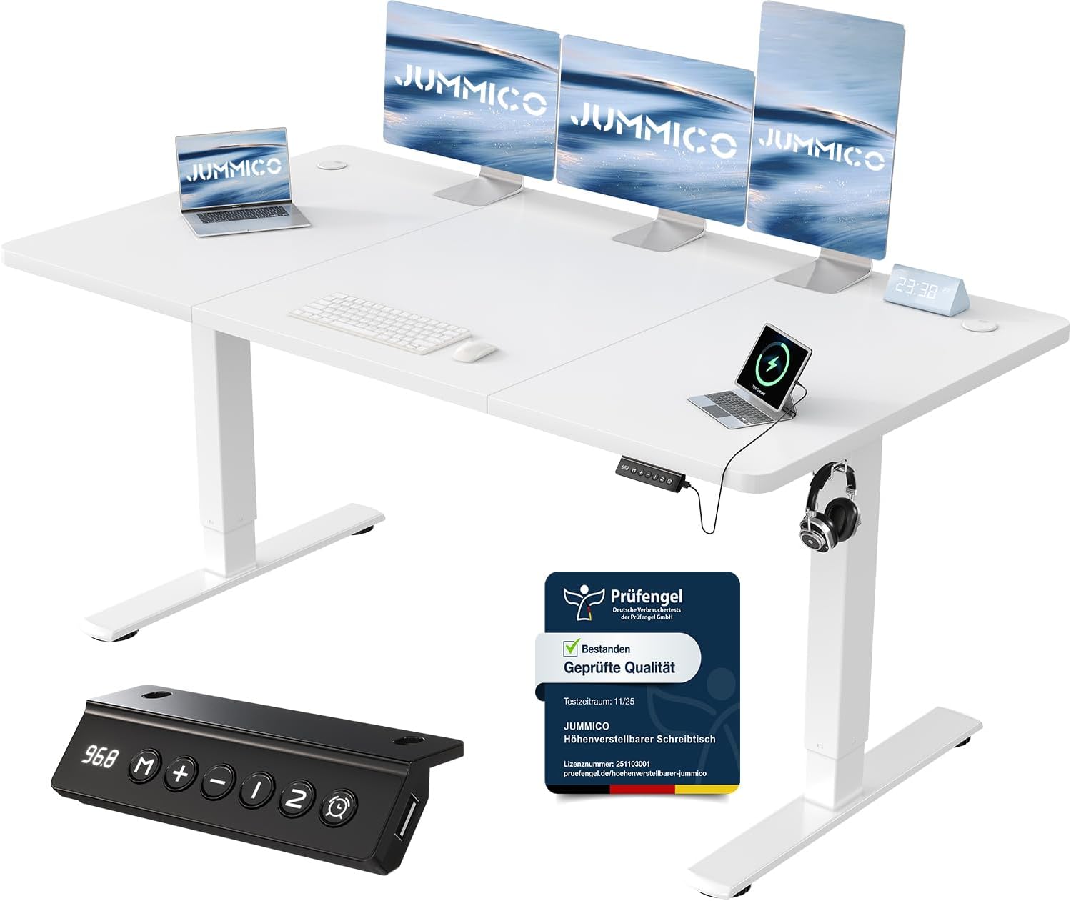 JUMMICO Höhenverstellbarer Schreibtisch mit USB-Ladeanschluss 160 x 70 cm, Schreibtisch Höhenverstellbar Elektrisch, Steh-Sitz Tisch Stehpult Verstellbarer Computertisch,Standing Desk,Weiß