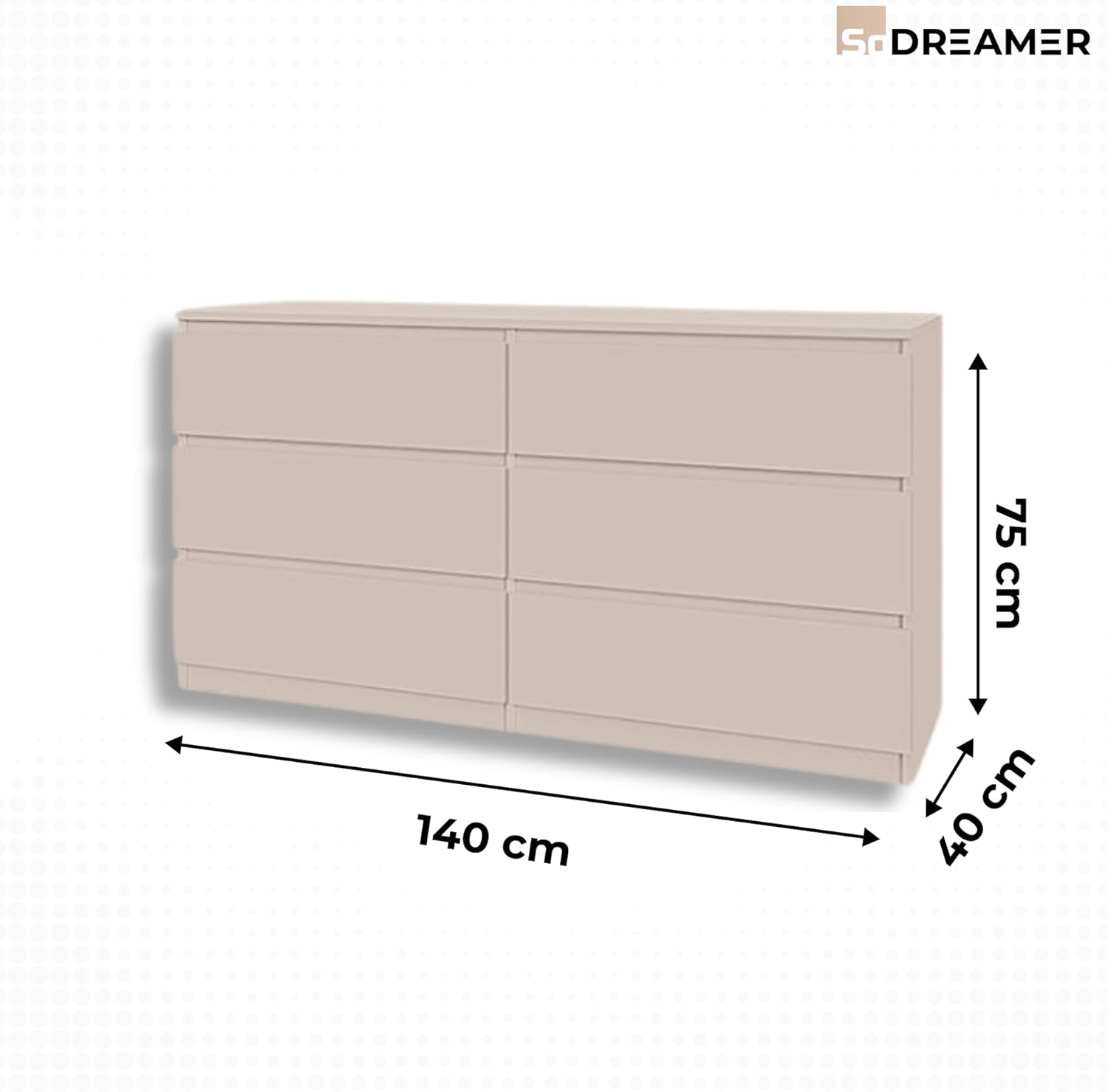 Kommode mit 6 Schubladen | Kashmir 140 cm Ideal für Schlafzimmer, Wohnzimmer, Kinderzimmer und Büro | Große geräumige Schubladenschrank | 140x75x40 cm