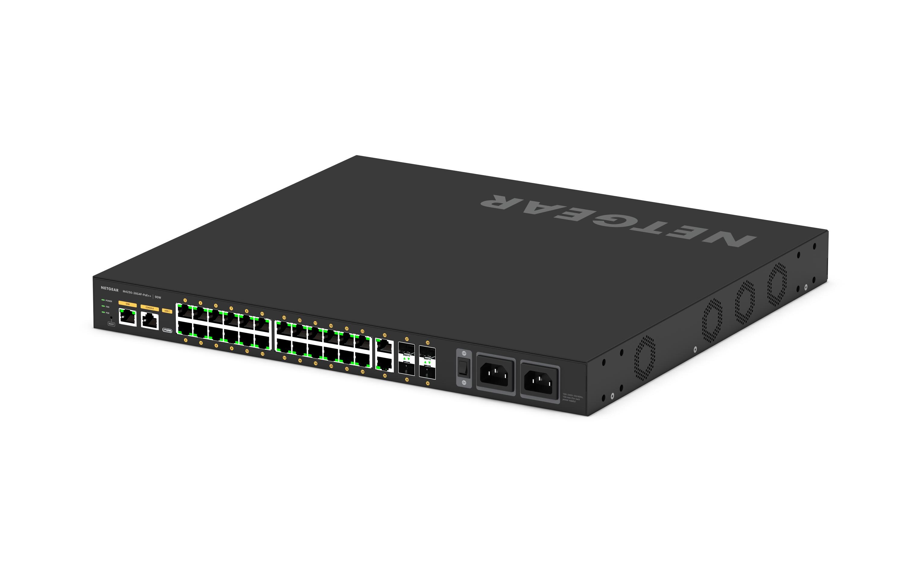 PoE++ Switch AV Line M4250-26G4F-PoE++ 28 Port<br>NETGEAR AV Line M4250-26G4F-PoE++ 24x1G Ultra90 PoE++ 802.3bt 1.440W 2x1G und 4xSFP Managed Switch (GSM4230UP)