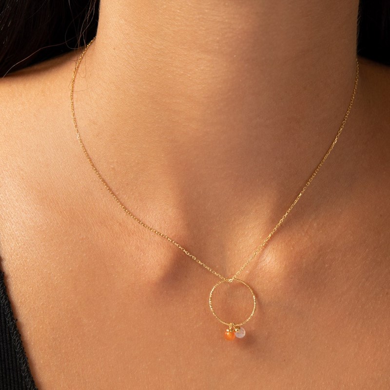 Collier Cercle Argent Dore Pierre De Lune Et Cornaline