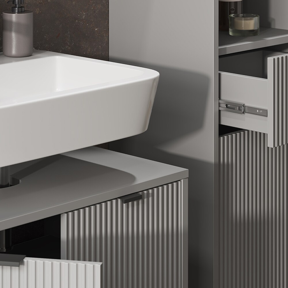Vicco Badmöbel-Set Eliza, Grau, Badezimmer, moderne Badserie, extravagante Fronten, Waschtischunterschrank, Spiegelschrank, Hochschrank