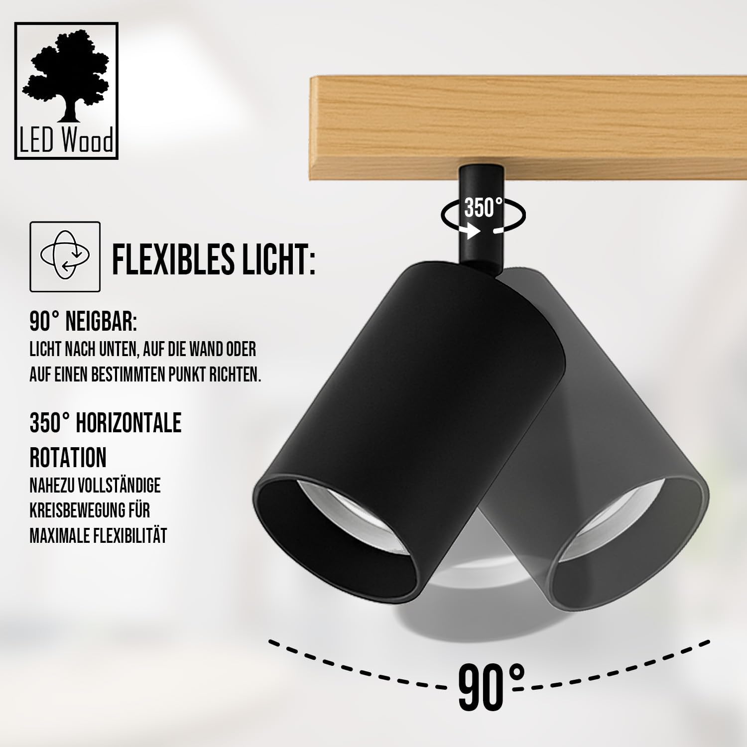 LED Wood Deckenstrahler 4 Flammig Schwenkbar - Handgefertigte Spots Deckenleuchte Modern aus Eiche - Strahler Deckenlampe Holz - GU10 Spotlight Lampe Wohnzimmer (Ohne Glühbirne) - Länge 90cm