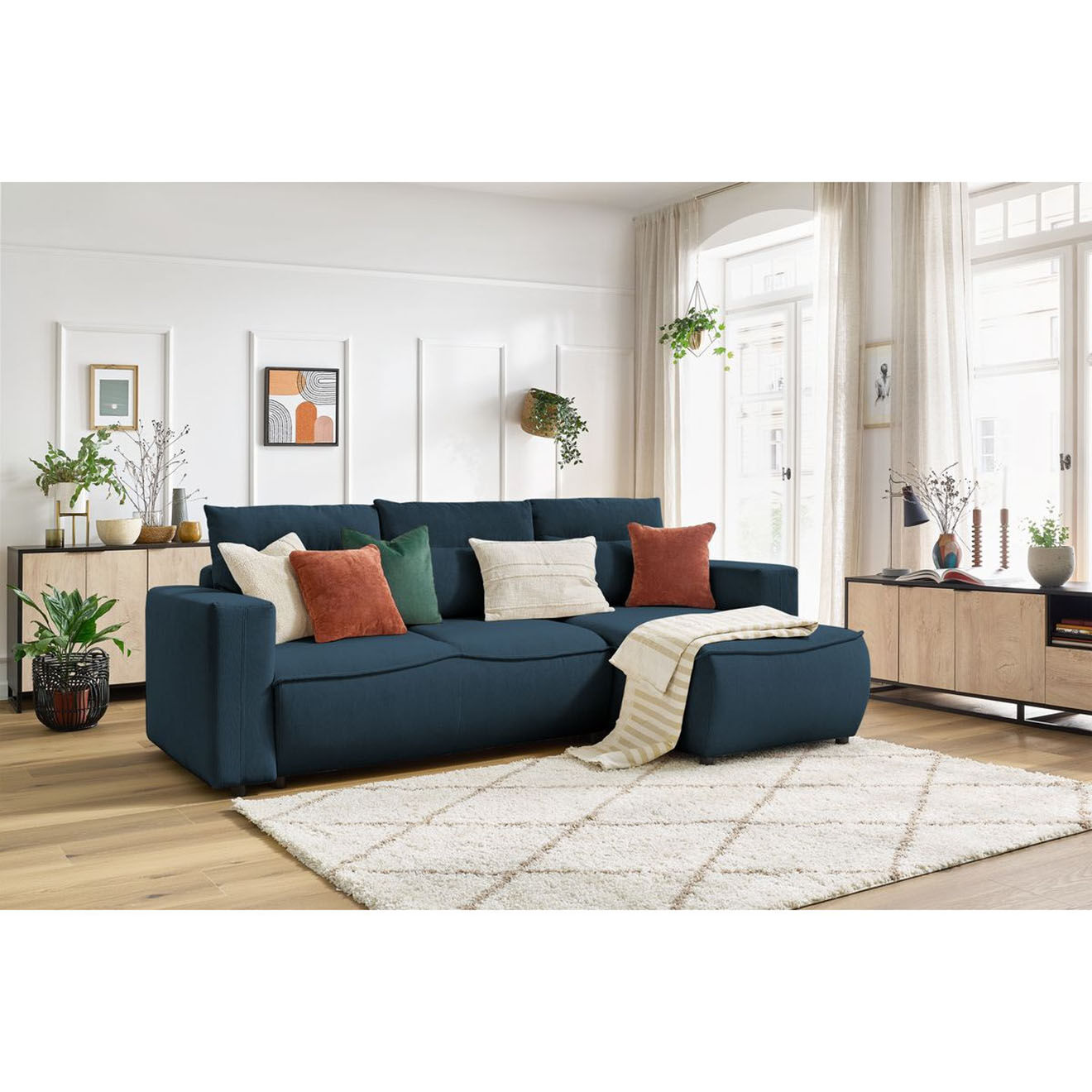 Bobochic Canapé d'angle droit convertible coffre jasmin velours côtelé bleu foncé - 256x158x90 cm