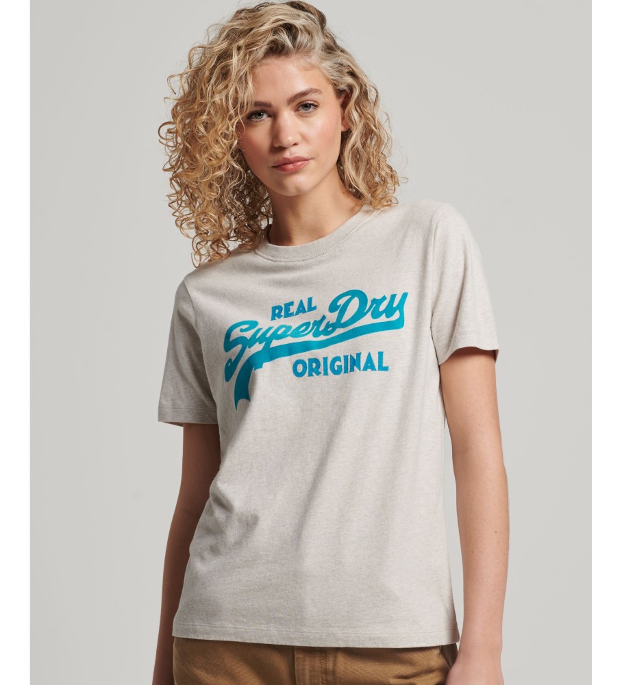 Camiseta Superdry de algodão orgânico com logo vintage em estilo script, marrom acinzentado