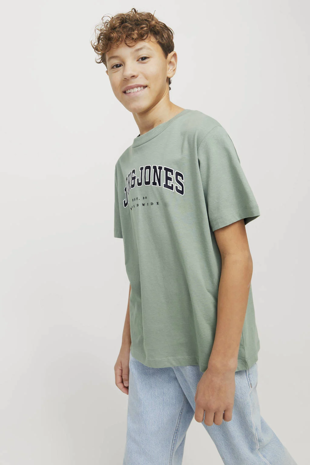 JACK & JONES T-shirt JJECALEB VARSITY met logo zachtgroen