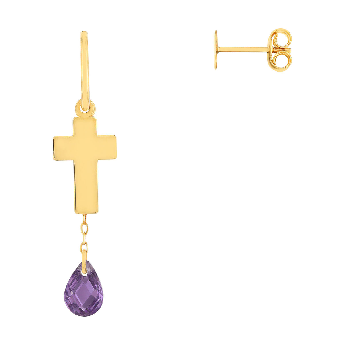 Boucles d'oreilles or 375 jaune coeur, croix et pendant zirconia violet