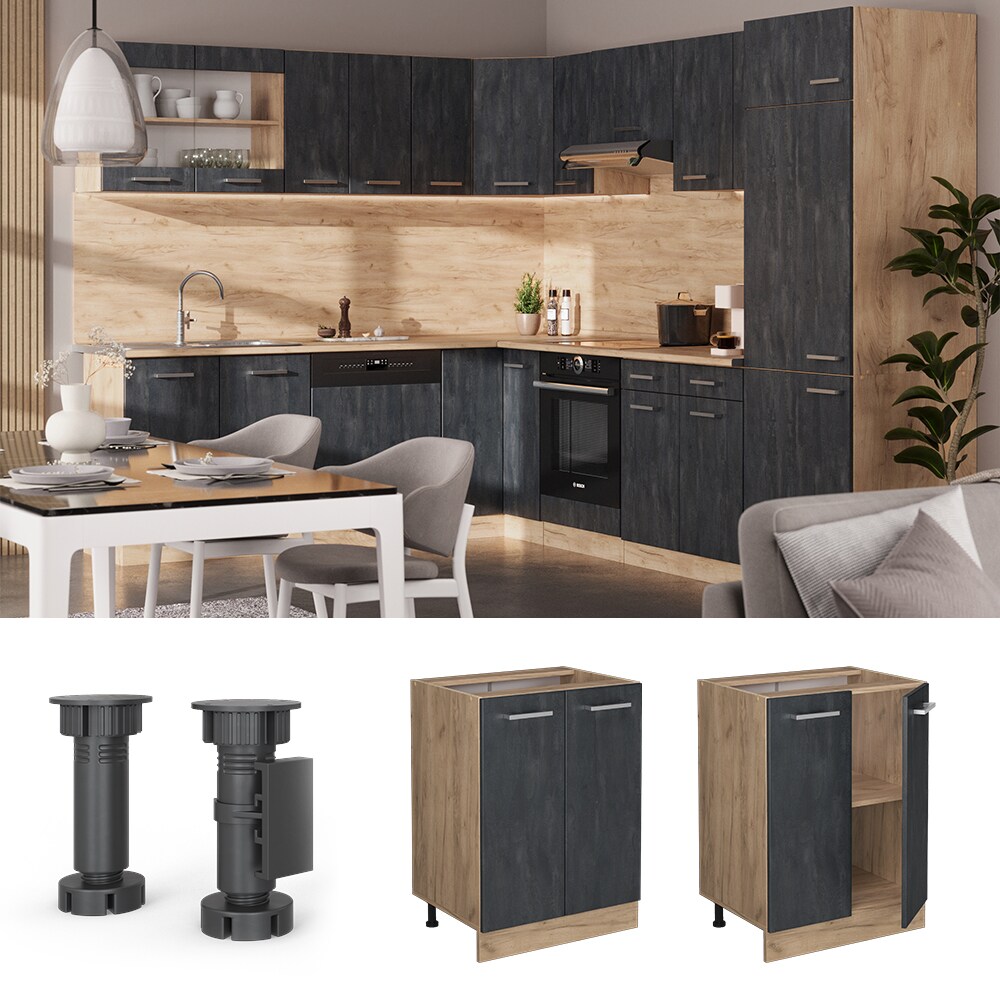 Vicco Unterschrank R-Line Schwarz Beton Eiche 60 cm mit Arbeitsplatte Anthrazit