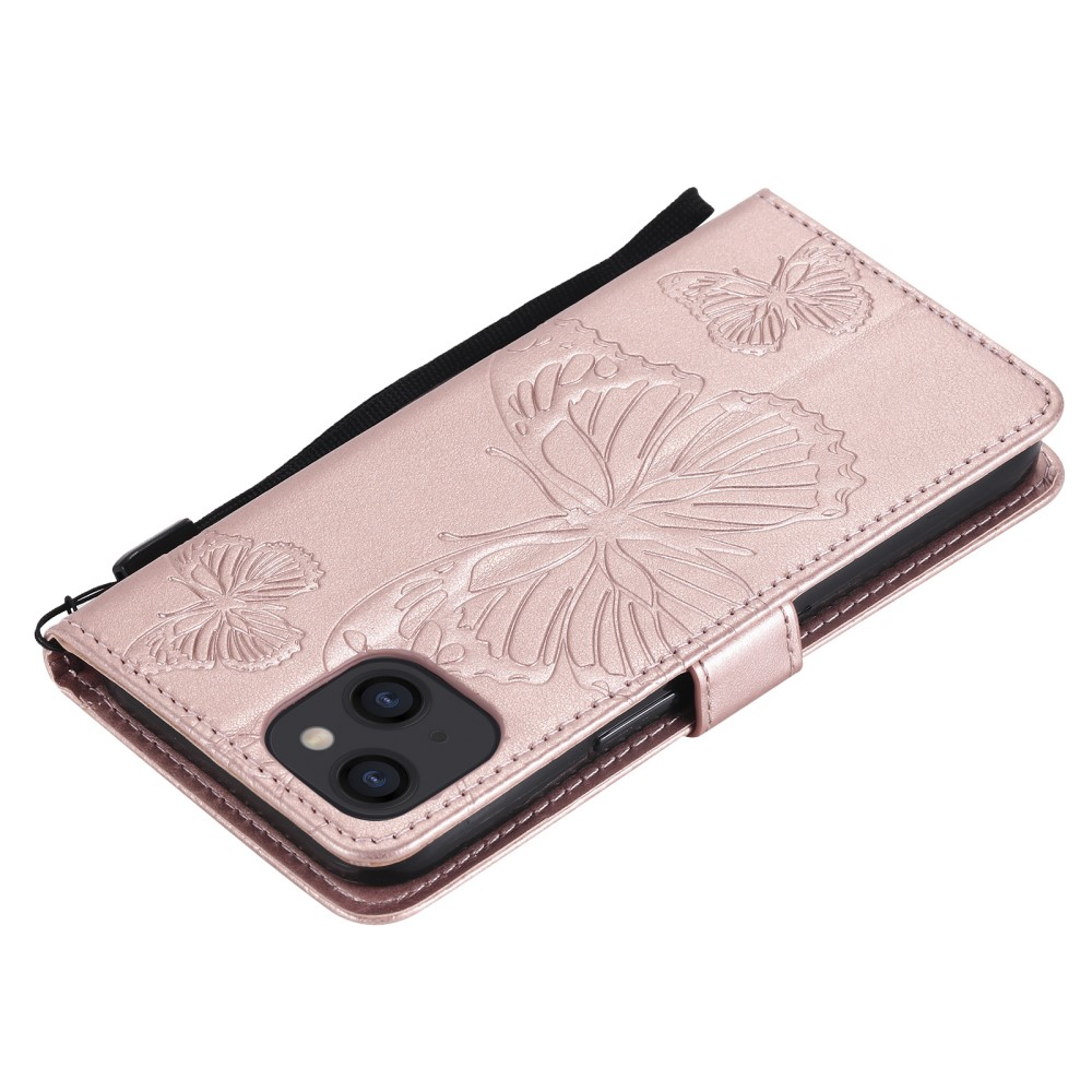 iPhone 13 Leder Tasche mit Kartenfach   Handschlaufe Schmetterling - Roségold