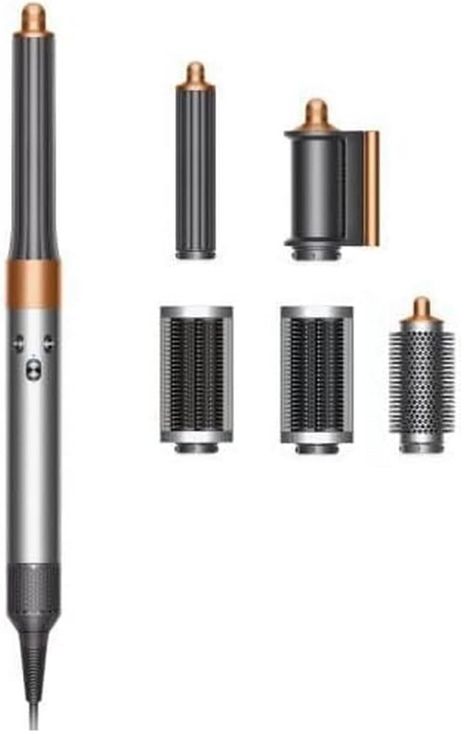 Dyson Airwrap Complete Short Multi coiffeur Nickel/Cuivre avec 6 embouts Bigoudis Air chaud Cheveux plus courts que la longueur de la poitrine Fer à boucler Différents embouts