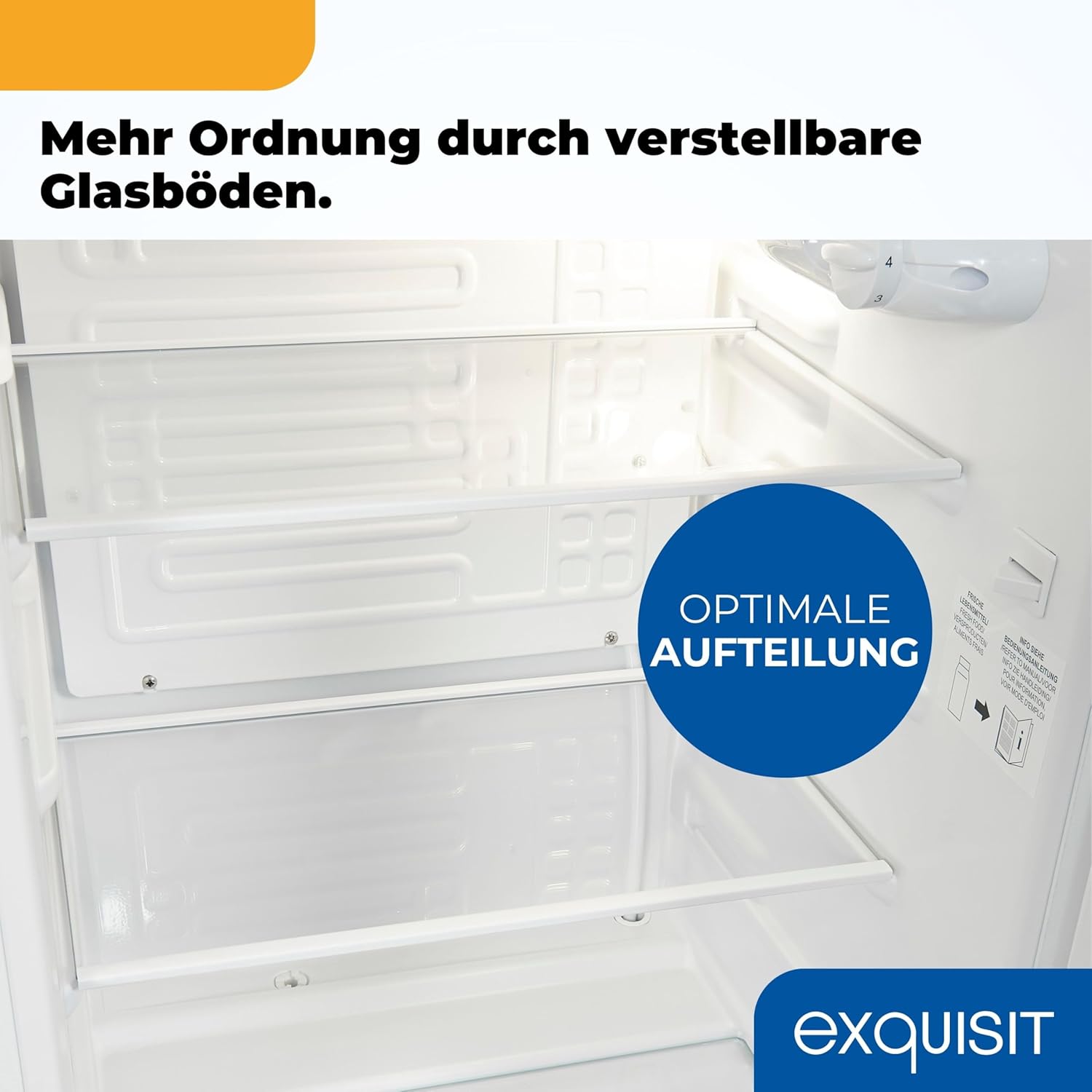 Exquisit Vollraumkühlschrank | 76 l Nutzinhalt, Energieeffizienzklasse E, 41 dB(A) | kompakt, LED-Innenbeleuchtung, manuelle Temperaturregelung, Glasablagen, Gemüseschublade | KS585-V-091E weiss