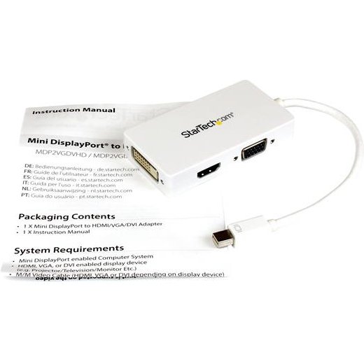 StarTech.com Adaptateur de voyage Mini DisplayPort vers VGA / DVI / HDMI - Convertisseur vidéo 3-en-1 - Blanc