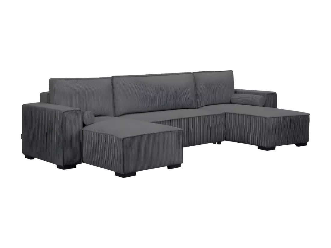 Canapé panoramique 5 places Clarence convertible avec coffre en velours côtelé - Gris anthracite - L322 x P161 x H87cm - Loungitude