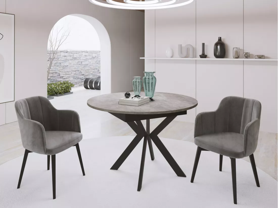 Table à Manger Extensible Ronde Avec Pieds En Métal Noir - Rangement Des Extensions à L'intérieur - Table Ronde Style Industriel Pour Salon Séjour - Gain De Place -