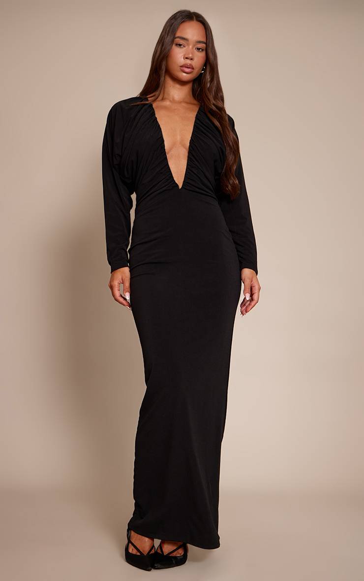 Noir Robe Maxi Moulante À Manches Chauve-souris Col Plongeant Froncée En Tissu Slinky Plt Label