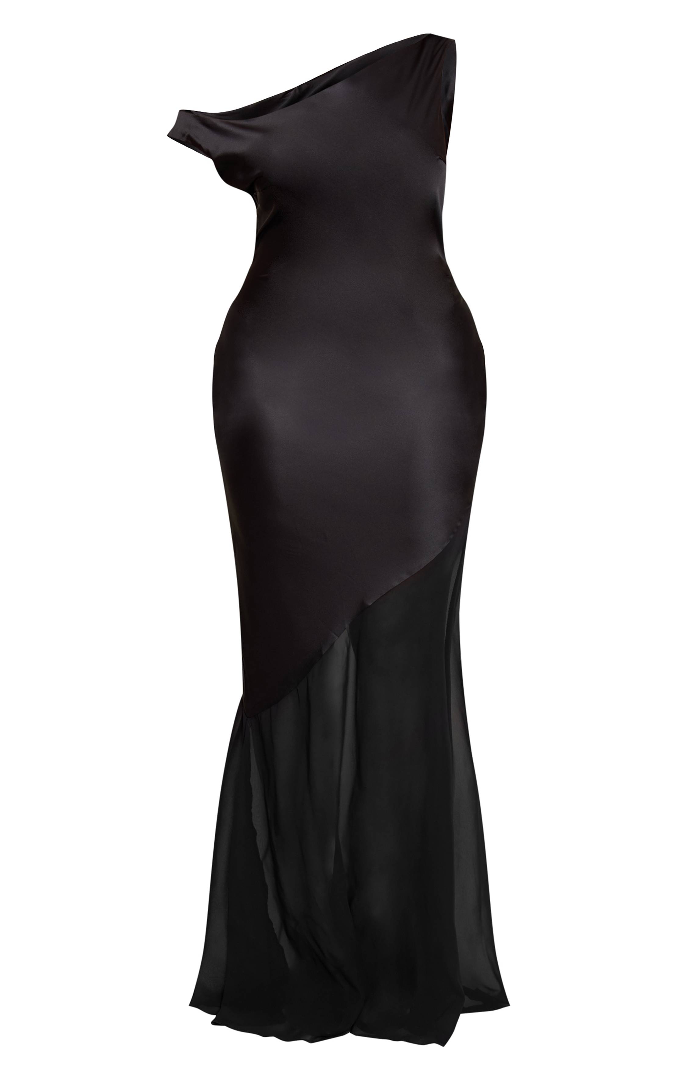 Noir Robe Longue Shape En Satin À Épaules Dénudées Avec Ourlet Transparent Contrasté