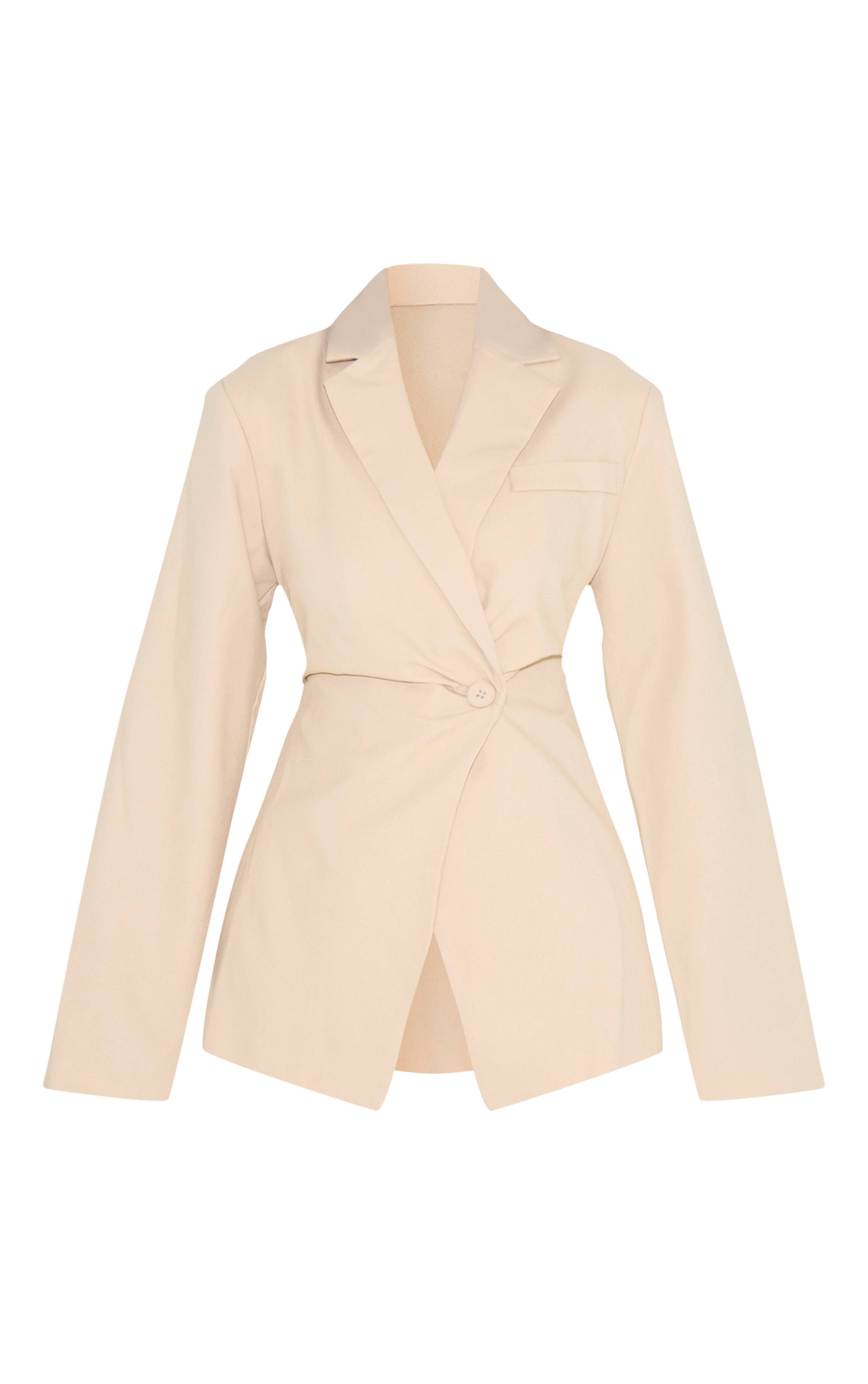 Beige Blazer Cintré Taille Ajustée Aspect Lin