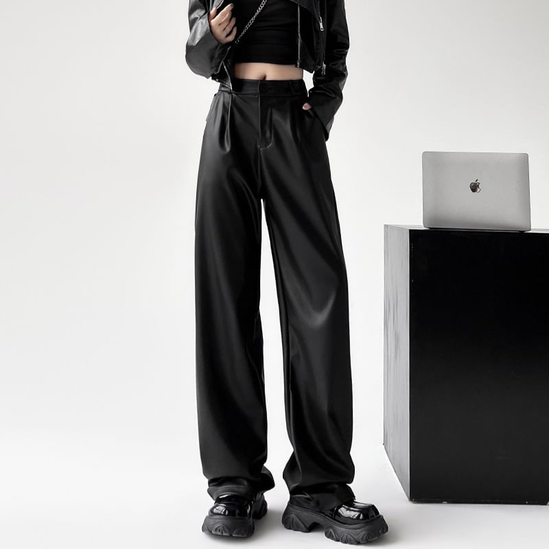 Colarseo - Hoge taille effen imitatieleren losse broek (verschillende ontwerpen)