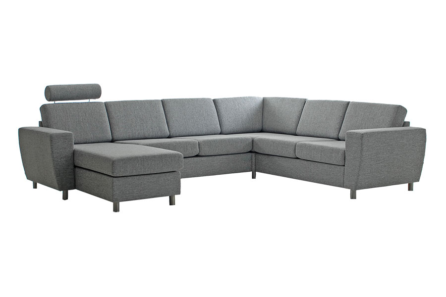 Square sofa Tekstil Reda 1/1 Grey. 2+3-seter hjørnesofa med sjeselong. Vendbar.