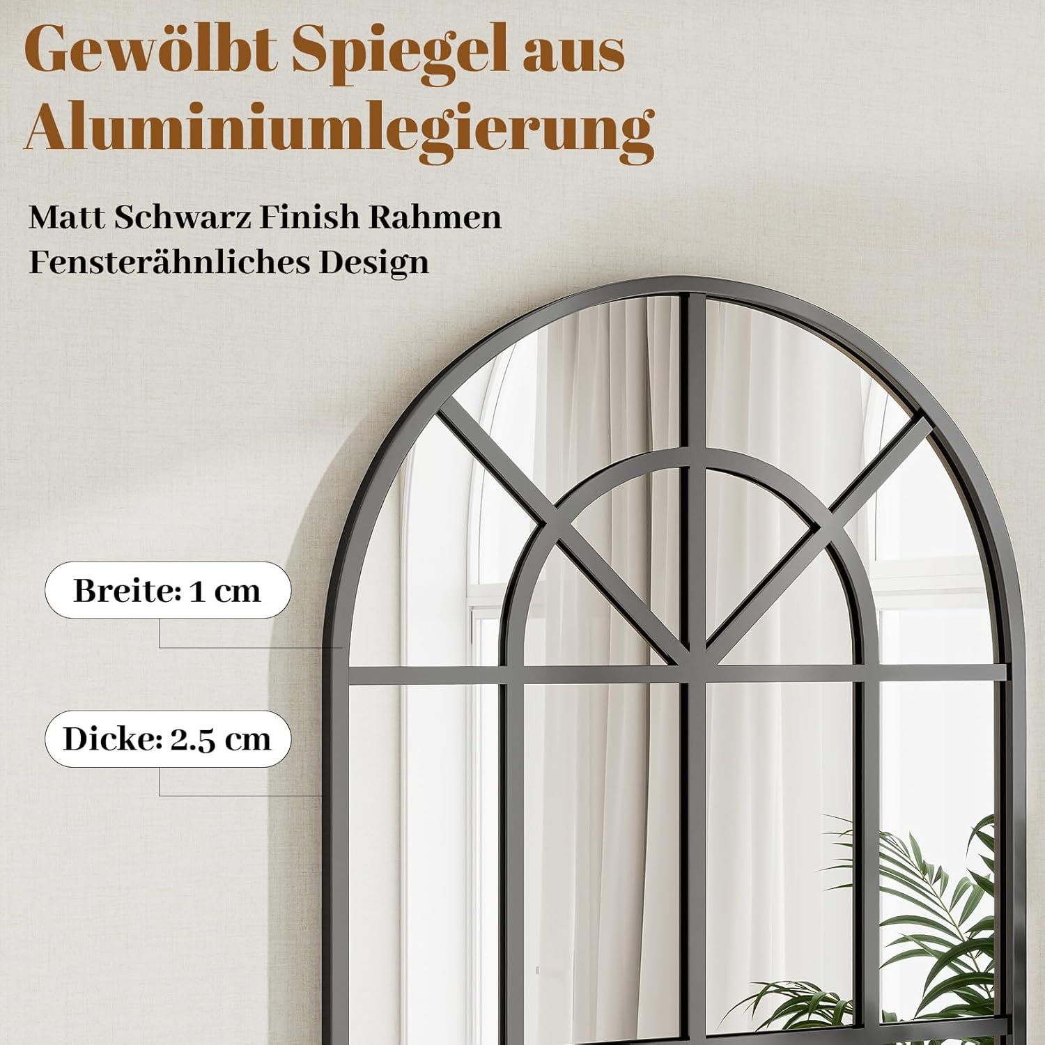 Koonmi 60x164 cm Fensterscheibe Gewölbter Ganzkörperspiegel - Raster-Designed Dekorative Vollkörper Wandspiegel mit Metallrahmen hängend Schrägung für den Eingang, Wohnzimmer Dekoration, Schwarz