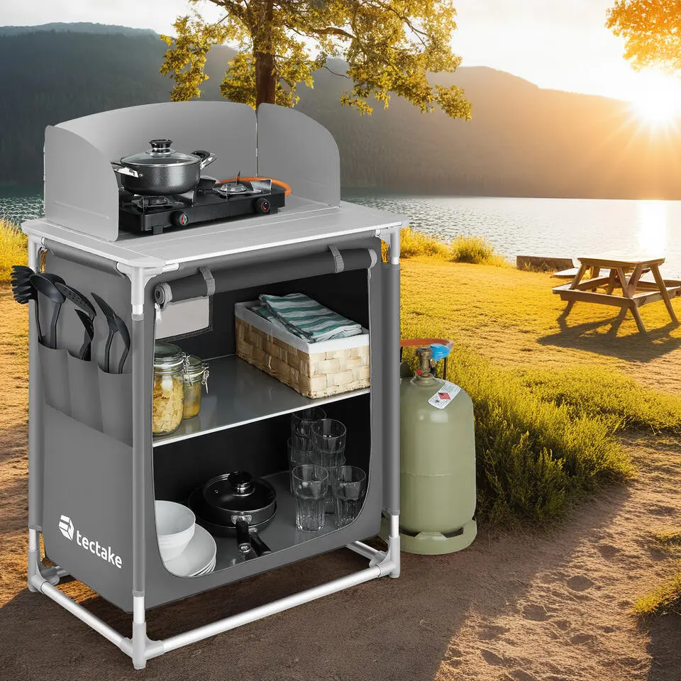 tectake - Campingkeuken 76x53,5x107cm, Grijs