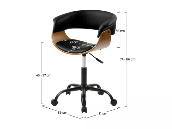 Chaise de bureau pivotante sur roulettes en bois et PU noir - Basile