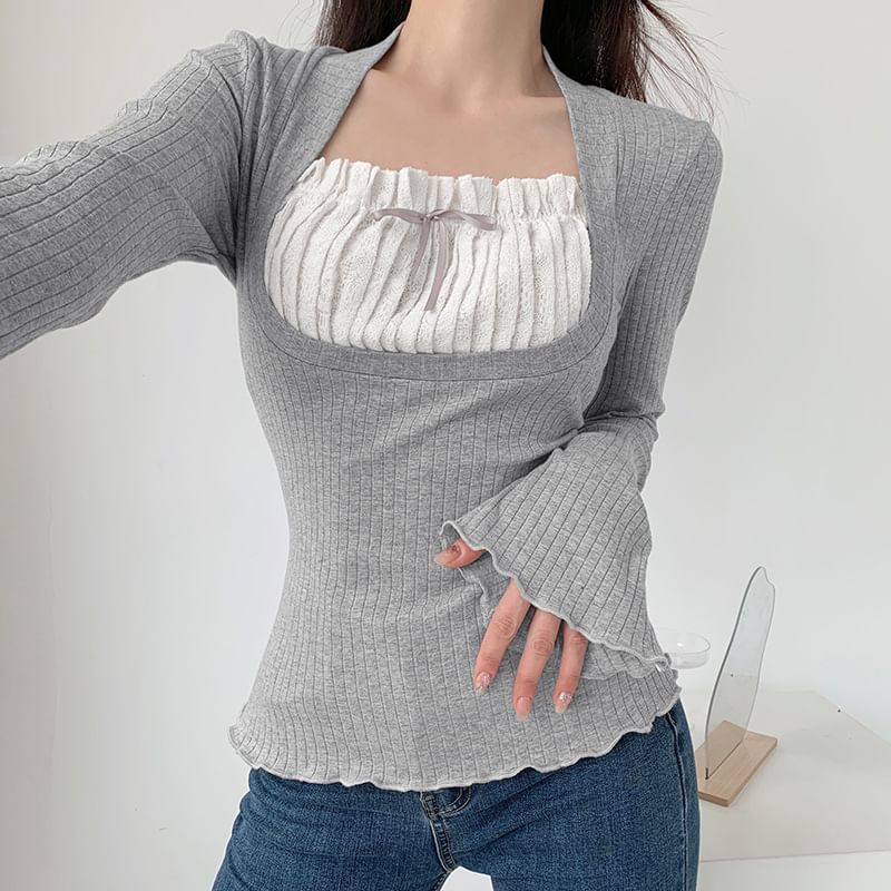 Sosana - Tweedelige top met lange mouwen, vierkante hals, kanten paneel en geplooide afwerking, slim-fit