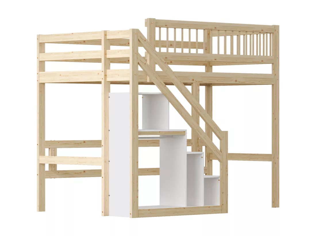 Lit superposé en bois 90x200cm - avec escalier de rangement - Naturel