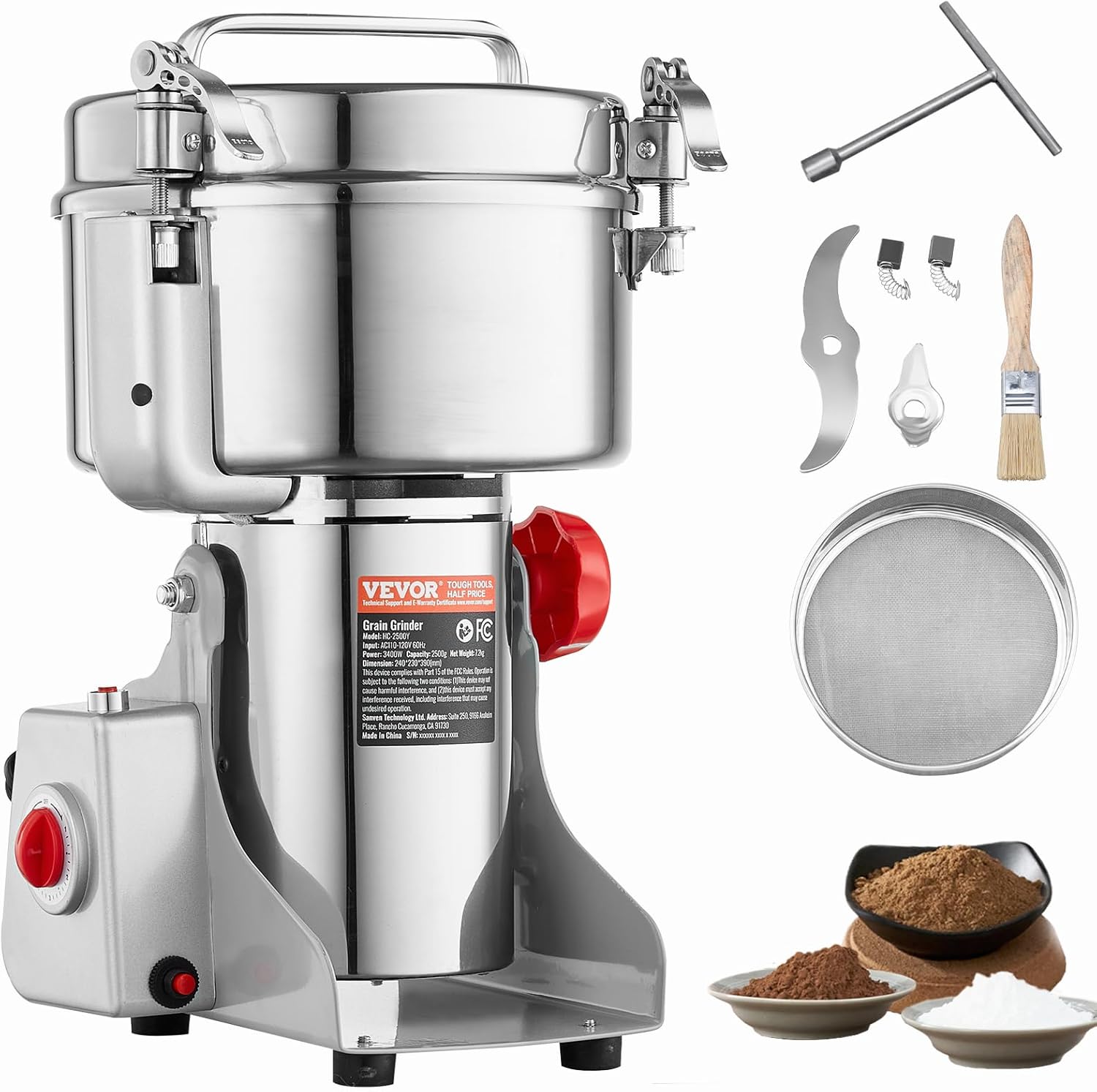 VEVOR elektrische Getreidemühle Hochgeschwindigkeits-Maismühle 2500 g 3400 W, Pulverisiermaschine aus Edelstahl, für trockene Körner Gewürze Müsli Kaffee Mais Pfeffer Schwenktyp 24 x 23 x 39 cm